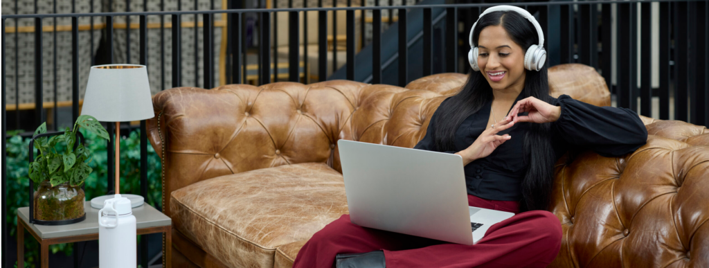 young professional accounting woman studying with music