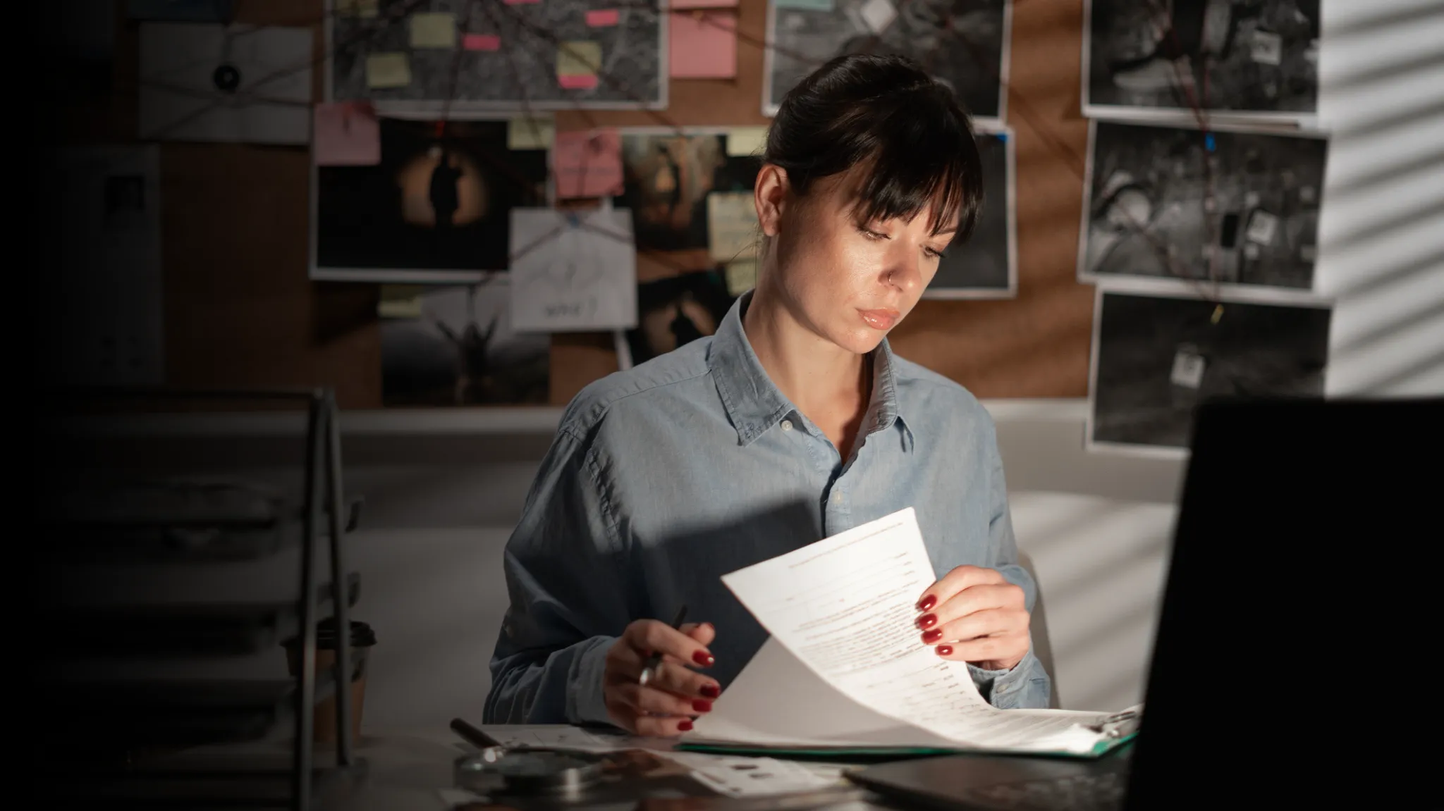 Young woman looking through papers with a board of clues behind her