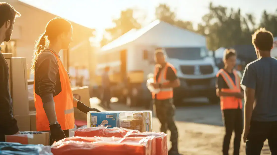 Group of people with visibility jackets handing out supplies