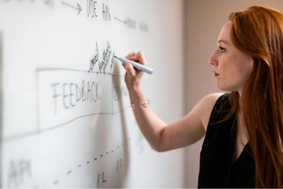 Red-headed woman writing on a whiteboard